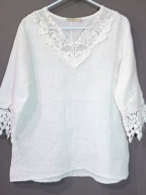 Vanessa Alexandra White Embroidered 100% Linen Tunic Coverup Top Size M